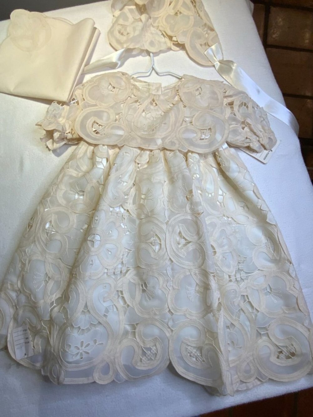 Vintage Baby Christening Gown Lace Dress w/ Bonnet & Handkerchief Set